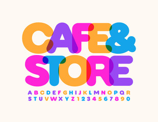 Vector stylish Sign Cafe&Store. Colorful modern Font. Bright creative Alphabet Letters and Numbers