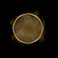 Gold square frame with golden glitter and pastel gold colors brush strokes isolated on black background.