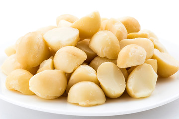Close-up of delicious Macadamias on a white dish