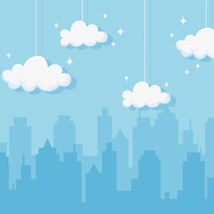 Fototapeta na wymiar cityscape hanging clouds star s scene blue background