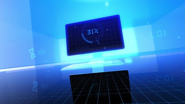 Computer download icon on black background - animation