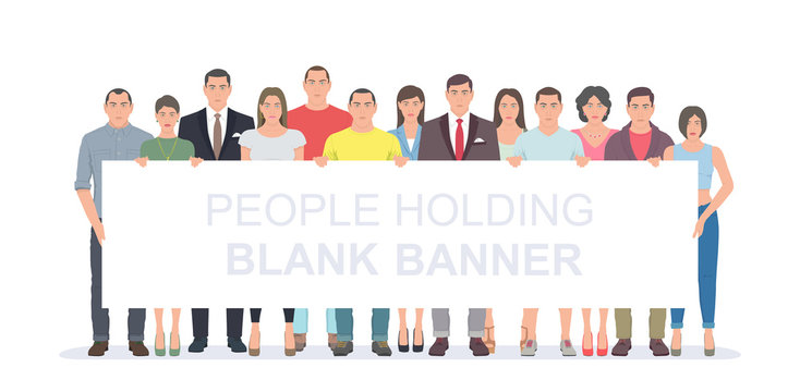 Group Of People Holding Blank Banner. Flat Style