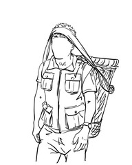 Nepali porter carrying basket on head in traditional way and wearing expedition vest with many pockets, Man with no face, Vector sketch Hand drawn linear illustration
