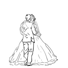 Drawing of bride and groom standing face to face, Young wedding couple enjoying romantic moments. Vector sketch Hand drawn linear illustration