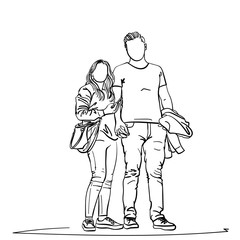 Fototapeta na wymiar Drawing of young couple standing together holding hands. People man and woman with no face. Vector sketch Hand drawn illustration