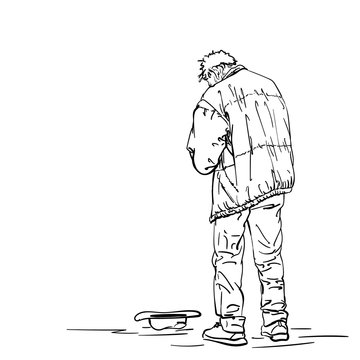 Drawing of man old beggar is begging with hat on ground. Hand drawn linear illustration Vector sketch. View from back