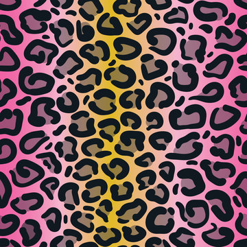 Leopard print repeat pattern design with colourful ombre gradient background. Great for home decor, wrapping, fashion, scrapbooking, wallpaper, gift, kids, apparel.