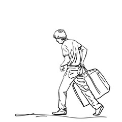 Drawing of young skiny man carrying big heavy bag, Vector line sketch Hand drawn illustration