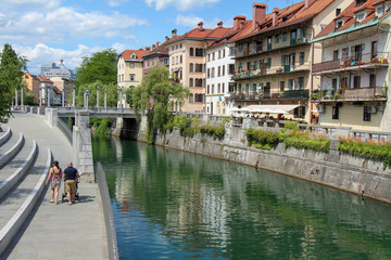 The Ljublijanica River and central Ljubljana on a summers day