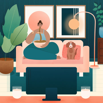 Illustration of a woman and dog eating takeaway watching tv.