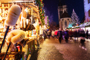 Christmas market near Evangelische Stiftskirche church and Schillerplatz square in Stuttgart