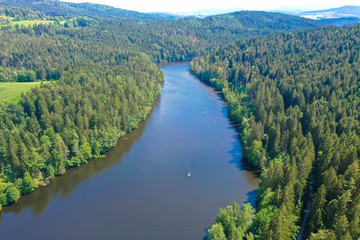 Aerial view of Regen river in summer with forest and amazing ecological landscape, bavarian forest, gemany