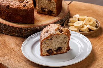 Banana cake with pieces of chocolate. Homemade cake. Top view