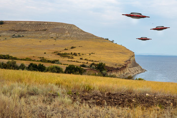 landscape with unidentified flying saucers. 3d model of a ufo in the sky. illustration © toomler