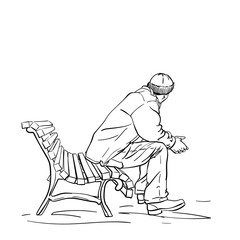 Drawing of man in winter clothes sitting on bench and looking away, View from side, Vector sketch Hand drawn line illustration isolated
