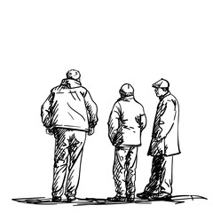 Drawing of standing people three friends men talking, View from back and side, Vector sketch Hand drawn illustration isolated