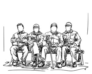 Fototapeta na wymiar Drawing of four old men friends sitting on bench near to each other, many people no face, Vector sketch Hand drawn illustration