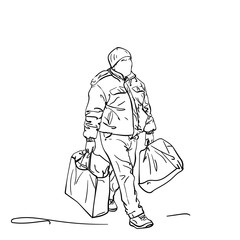 Fototapeta na wymiar Drawing of mature man no face carrying two big bags and wearing winter clothes, Vector sketch Hand drawn illustration