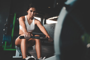 Fototapeta na wymiar Concentrated athletic girl doing exercise on the rowing machine