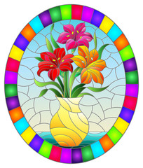 Illustration in stained glass style with bouquets of bright lily flowers in a yellow  jug on a  table on blue background, oval image in bright frame