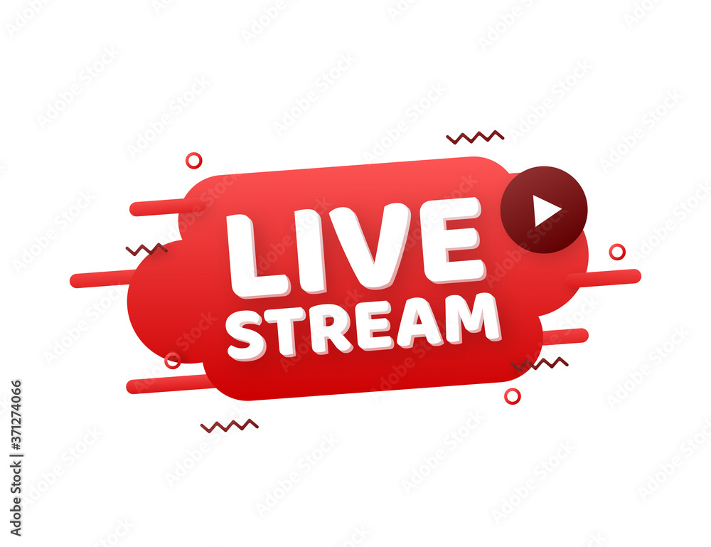 Aufkleber live stream flat logo - red vector design element with play button. vector illustration