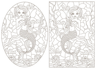 Set of contour illustrations of stained glass Windows with mermaids, dark contours on a white background