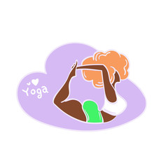 Obraz premium African american yoga woman, Black lady with red curly hair home workout body positive. Vector illustration with heart and text YOGA. Bow pose Dhanurasana. Fitness, yoga and healthy lifestyle concept