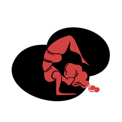 Plus size yoga woman, Lady with curly hair home workout body positive. Lash lava color vector illustration on black abstract shape. Vrschikasana or Scorpion Pose. Fitness, healthy life