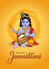 Little Krishna with flute and pot, happy Janmashtami background. vector illustration