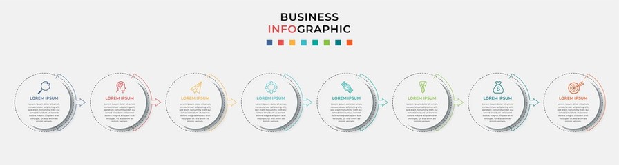 Business Infographic design template Vector with icons and 8 eight options or steps. Can be used for process diagram, presentations, workflow layout, banner, flow chart, info graph