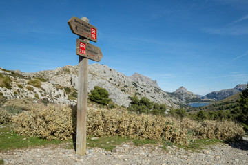 GR221 signpost, Cuber valley, Fornalutx, Mallorca, Balearic Islands, Spain