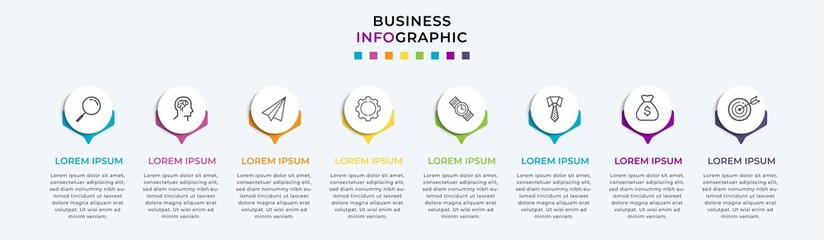 Business Infographic design template Vector with icons and 8 eight options or steps. Can be used for process diagram, presentations, workflow layout, banner, flow chart, info graph