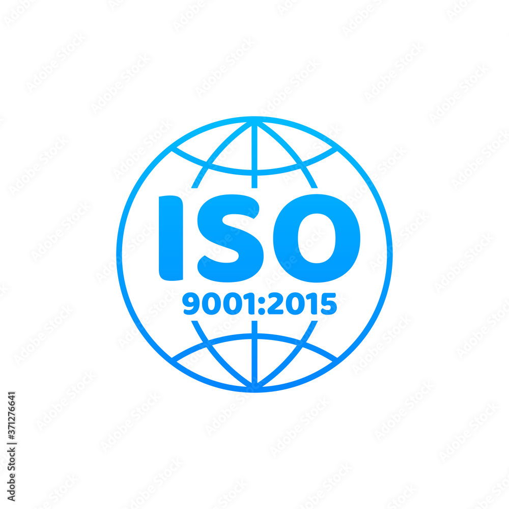 Sticker ISO 9001 Certified badge, icon. Certification stamp. Flat design vector.