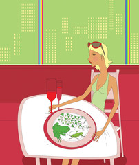 Exotic food travel: frogs, snakes, crickets. A blonde at a table with reptiles on a plate. Humorous illustration