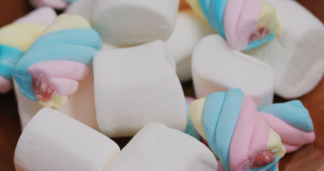 Sweet candy Marshmallow on wooden plate