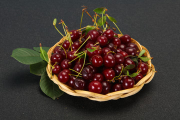 Sweet ripe cherry with leaves