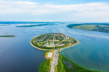 Beautiful panoramic view of the old Russian city Sviyazhsk from above The Assumption Cathedral and Monastery in the town-island of Sviyazhsk. UNESCO world heritage in Russia