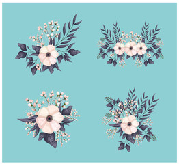 set of white flowers with buds and leaves painting design, natural floral nature plant ornament garden decoration and botany theme Vector illustration