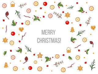 Greeting card with christmas decorations on white background