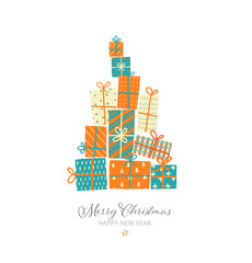 Christmas greeting card with gift boxes on white background.