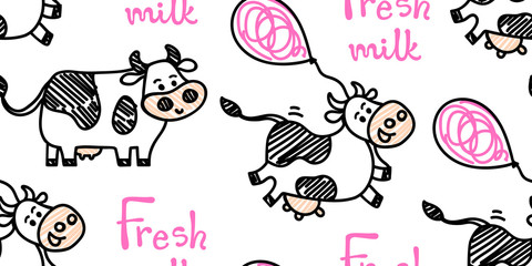Seamless vector cute Friesian cow pattern in line doodle style with funny air balloons. Black and pink colors. For beef or fresh milk packages or farm concepts, fabric textile prints or backgrounds.