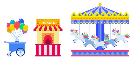 Set of cart with balloons, ticket kiosk and carousel with horses vector illustration in flat design