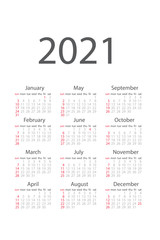 2021 monthly calendar template isolated white color