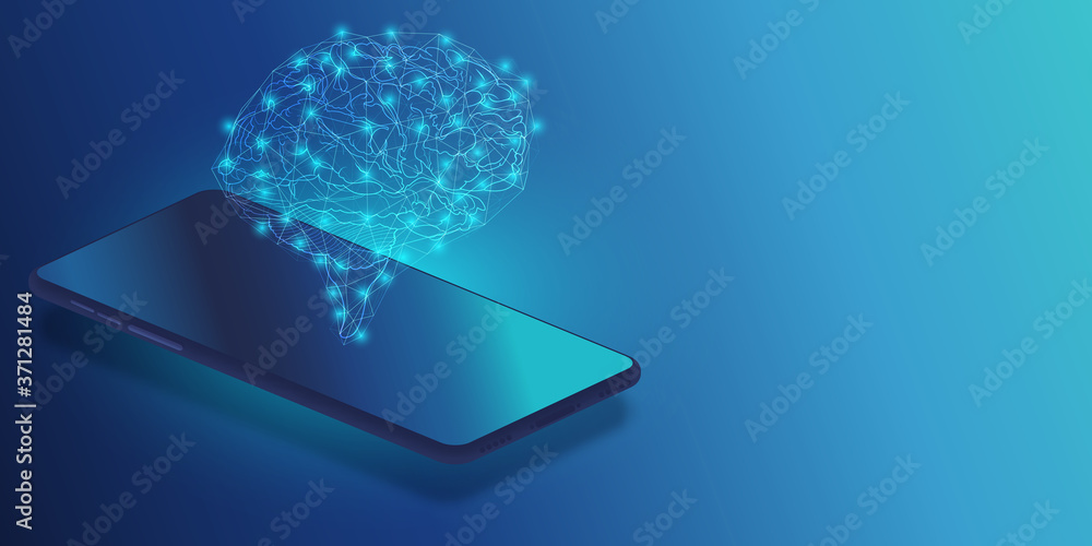 Poster artificial intelligence on mobile. ai with digital brain is learning processing big data, analysis i