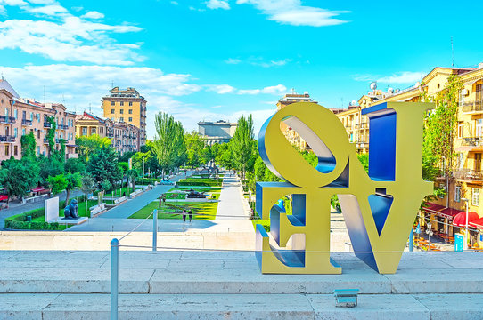 The Love sculpture by Robert Indiana, Cafesjian Sculpture Garden, Cascade, on May 30, 2016 in Yerevan, Armenia