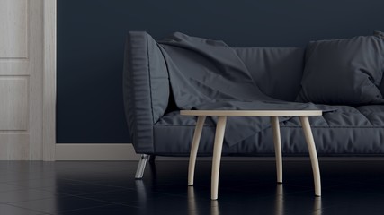 Dark sofa in room, wooden coffee table and light door. Marble floor. 3d rendering