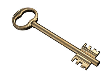 Gold antique door key isolated on white background. No shadows. 3d render
