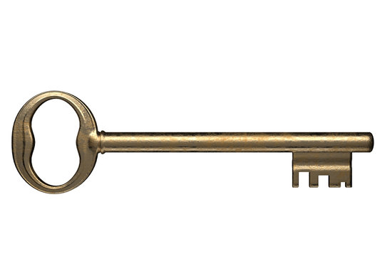 Gold antique door key isolated on white background. No shadows. 3d render