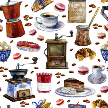 Watercolor seamless pattern with bakery and coffee elements on white background.Hand painting macaroon, Eclair,retro coffee grinders,cups,jam jar,cake,coffee maker,biscotti,croissant. Paris breakfast.
