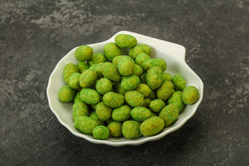 Spicy wasabi peanuts in the bowl